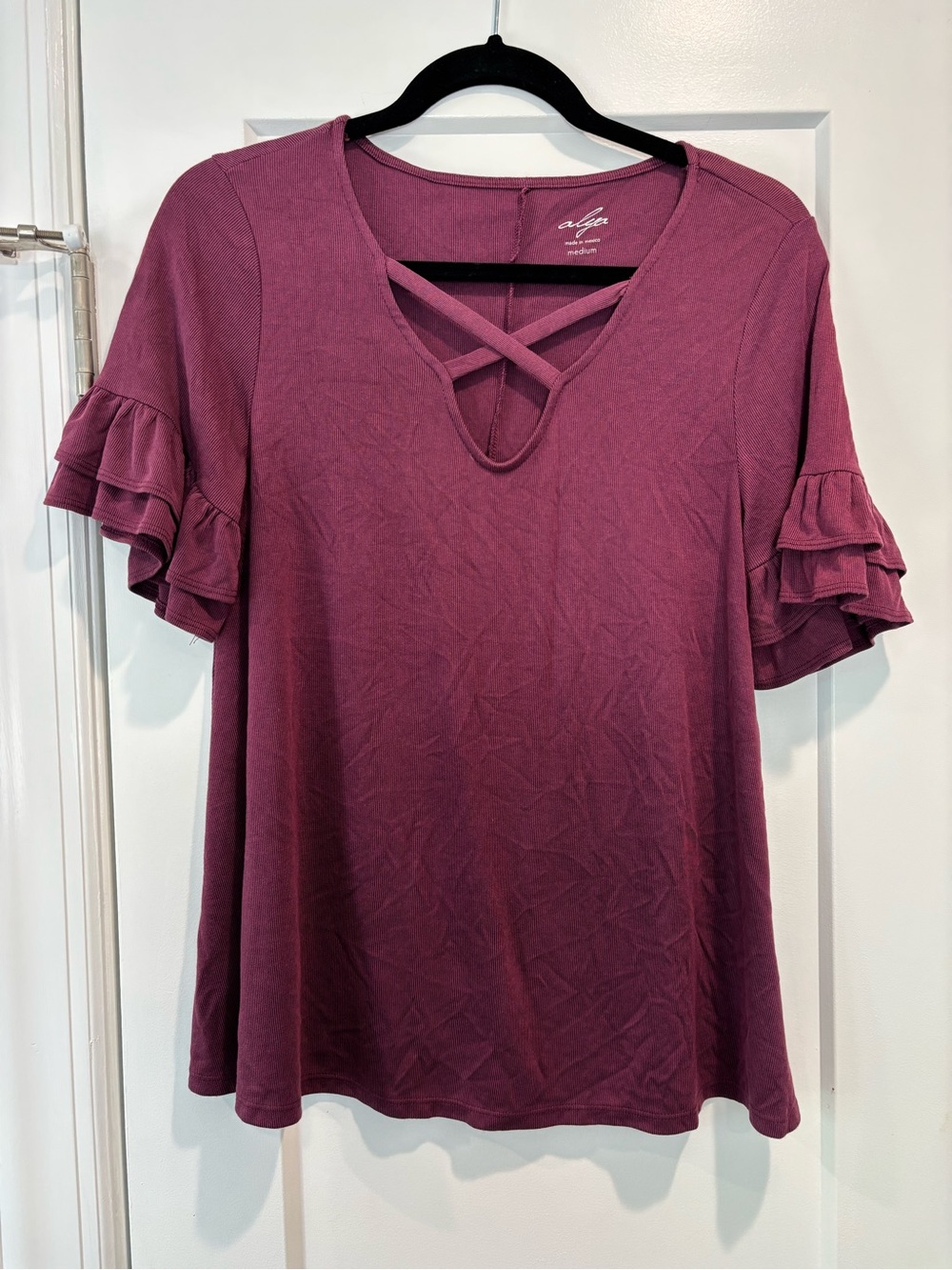 Plum Crisscross V-Neck Ruffle Sleeve Top
